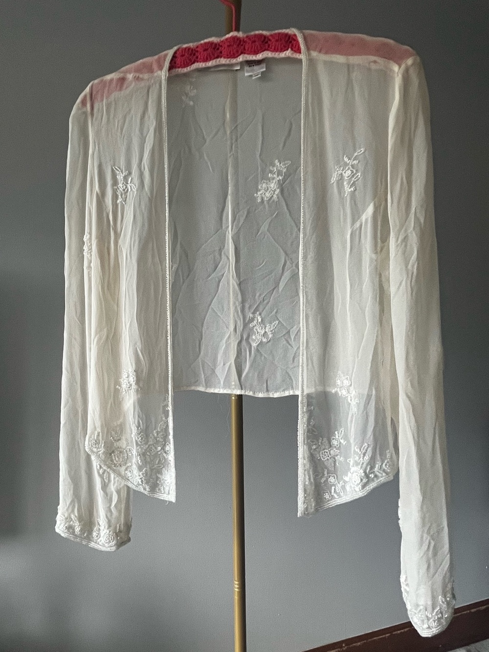 Scala Sheer White Beaded Embroidered silk Bolero Shrug